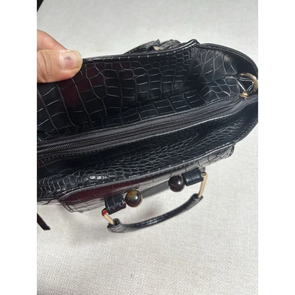 Black Croc Embossed Satchel Handbag Gold Hardware Top Handle Purse